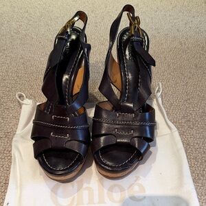 Vintage Chloe Navy Leather/Cork Wedge Sandal with Gold Buckle Size 37